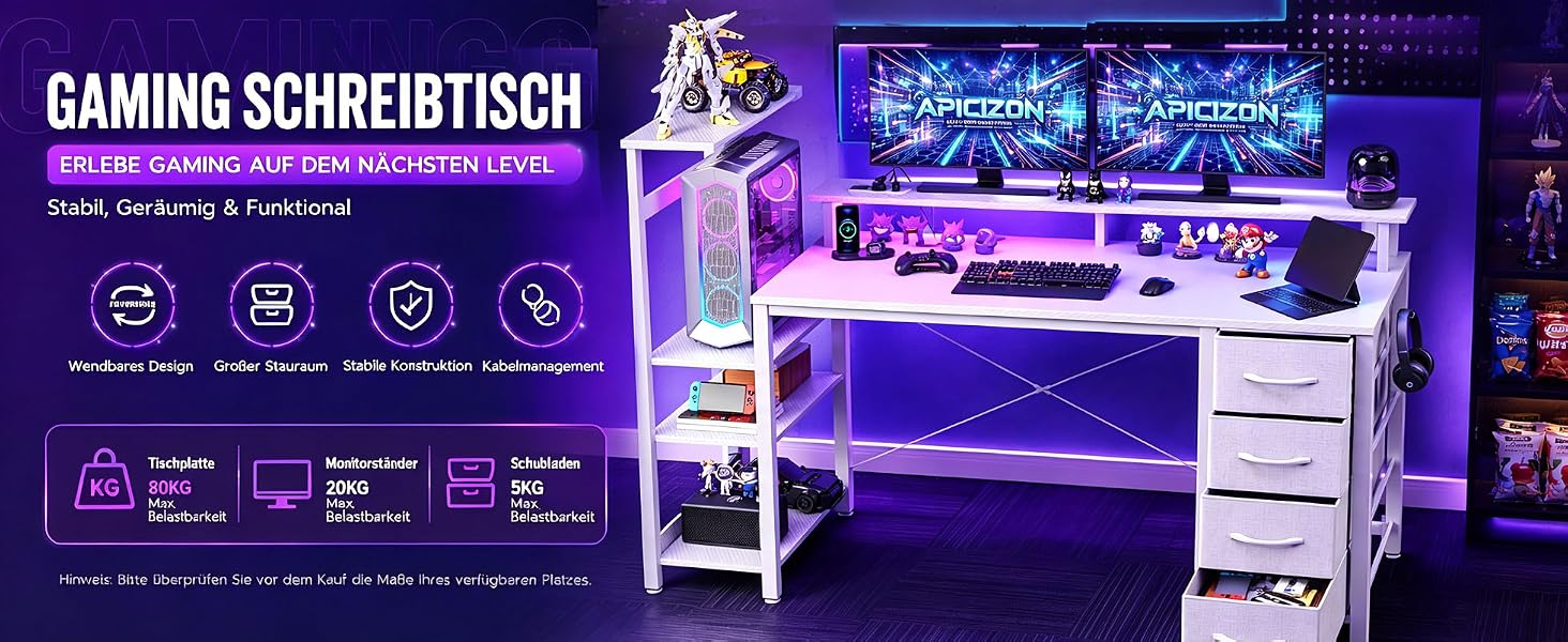 Ігровий стіл APICIZON 150 см з полицею, підставкою для монітора та RGB-підсвіткою, білий карбон. Стіл для ПК з USB-портами, тримачем для навушників та підставкою для чашки