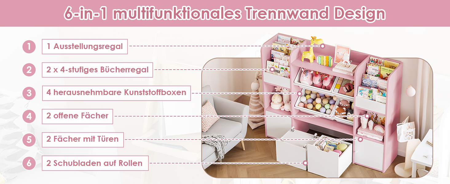 FOREHILL Дитяча полиця для іграшок та книг, стелаж для дитячої кімнати з 4 ящиками, рожевий (126x30x104 см)