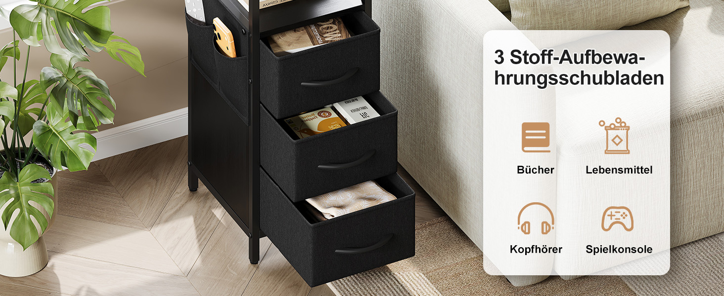 Нічний столик з підзарядкою та LED, приліжний столик з 3 висувними ящиками з тканини, нічний столик з полицею, відкрите відділення, 2 розетки AC, USB та Typ C порти, для спальні, вітальні, офісу (25x30x60 см, Чорний, 2)