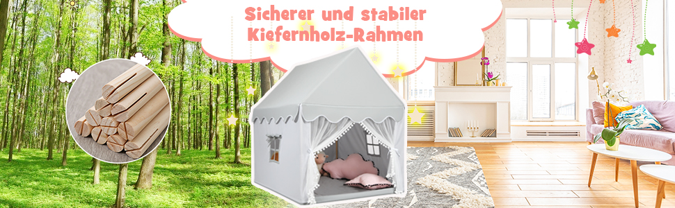 Дитячий намет DREAMADE з м'якою дахом та вікнами, дерев'яний каркас, ігровий будиночок, намет Тіпі для хлопчиків та дівчаток (сірий)