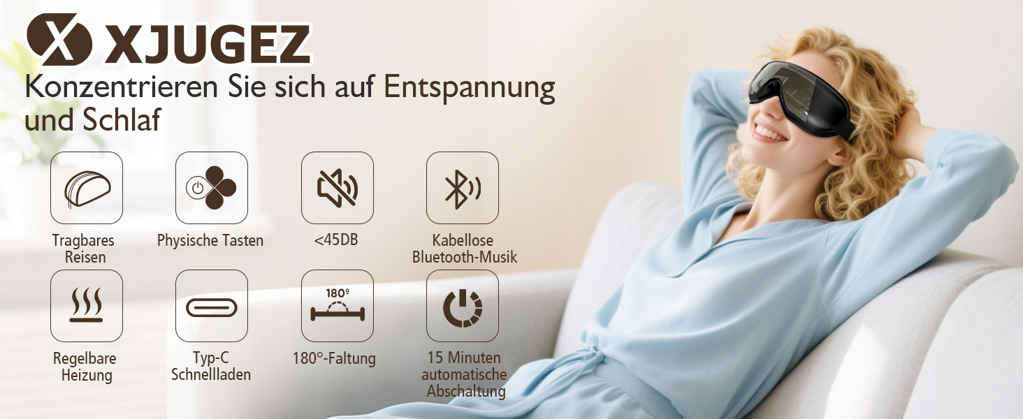 Масажер для очей XJUGEZ з підігрівом, вібрацією та Bluetooth, 4 режими, маска для очей, покращує сон, подарунок для жінок та чоловіків, чорний