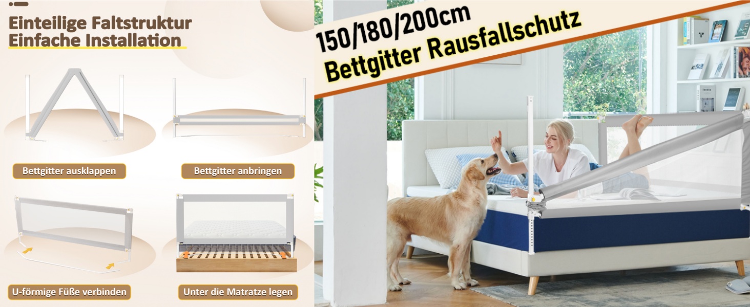 Бортики для ліжка дитячі Ikodm 2x200 см + 1x180 см, регульовані по висоті (64-96 см), сірі, з U-подібними ніжками, захист від випадання