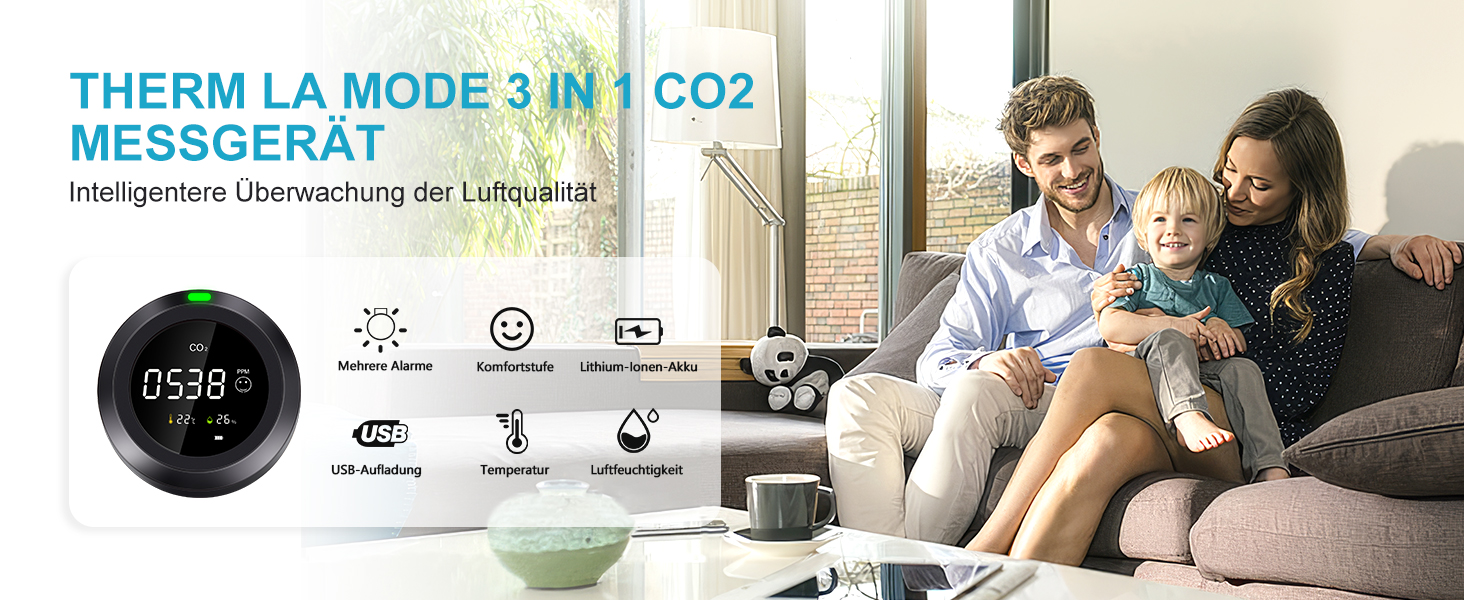 Вимірювач якості повітря Therm La Mode CF-30 з Smart-додаток: виявлення забруднювачів, пилу PM2.5/PM1.0, формальдегіду, CO2, температури, пилку. Великий LCD-дисплей