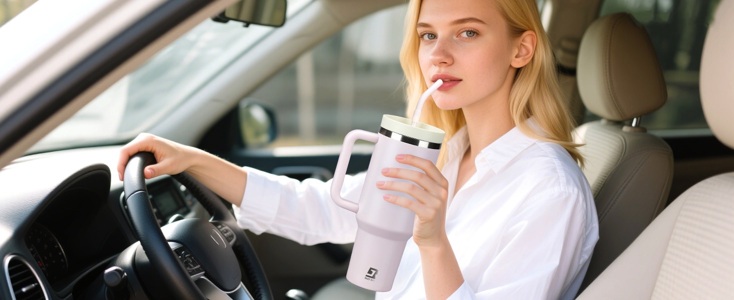 Термокружка-пляшка 1200 мл з трубочкою та антиковзним ручним захопленням, витіканнями запобігає, BPA Free, подвійні стінки, ізоляція для авто, офісу, відпочинку (пастельно-рожевий) біло-рожевий