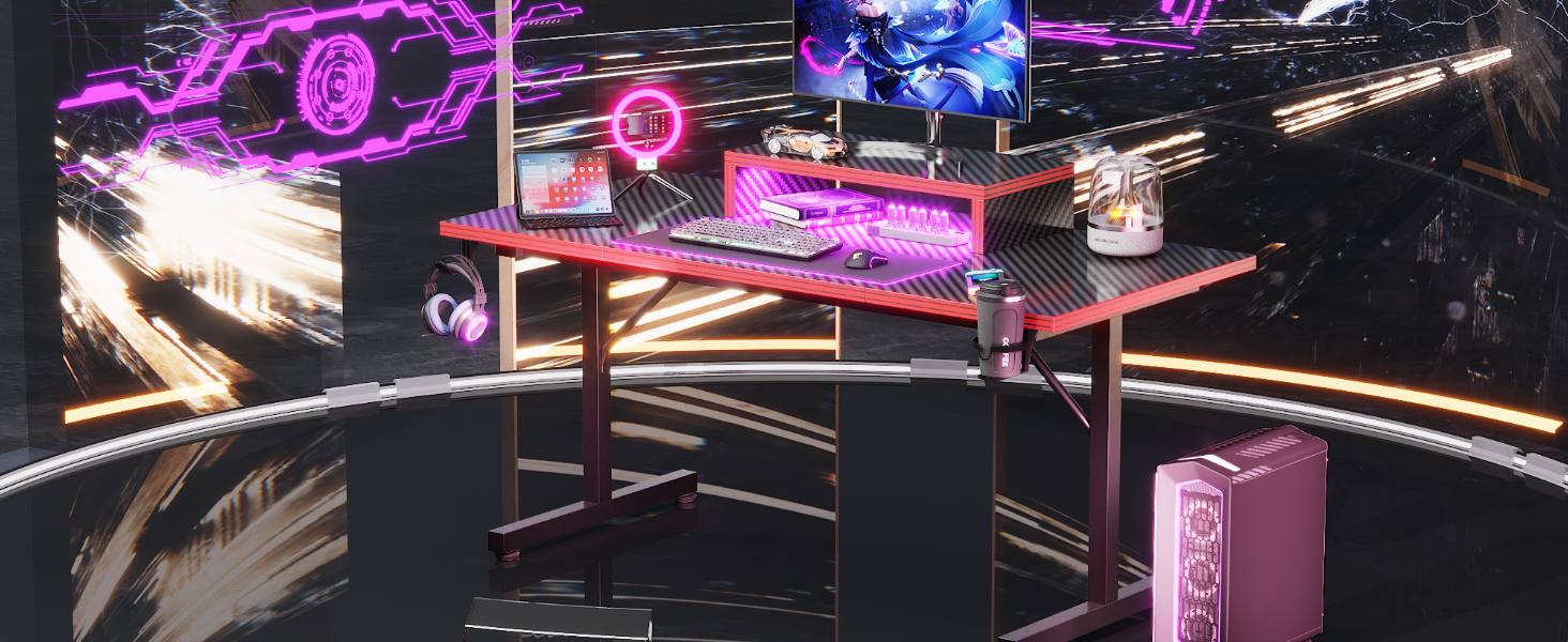 Ігровий стіл Devoko 160x60 см з LED підсвічуванням, підставка для монітора, карбонове покриття, ергономічний дизайн, чорний