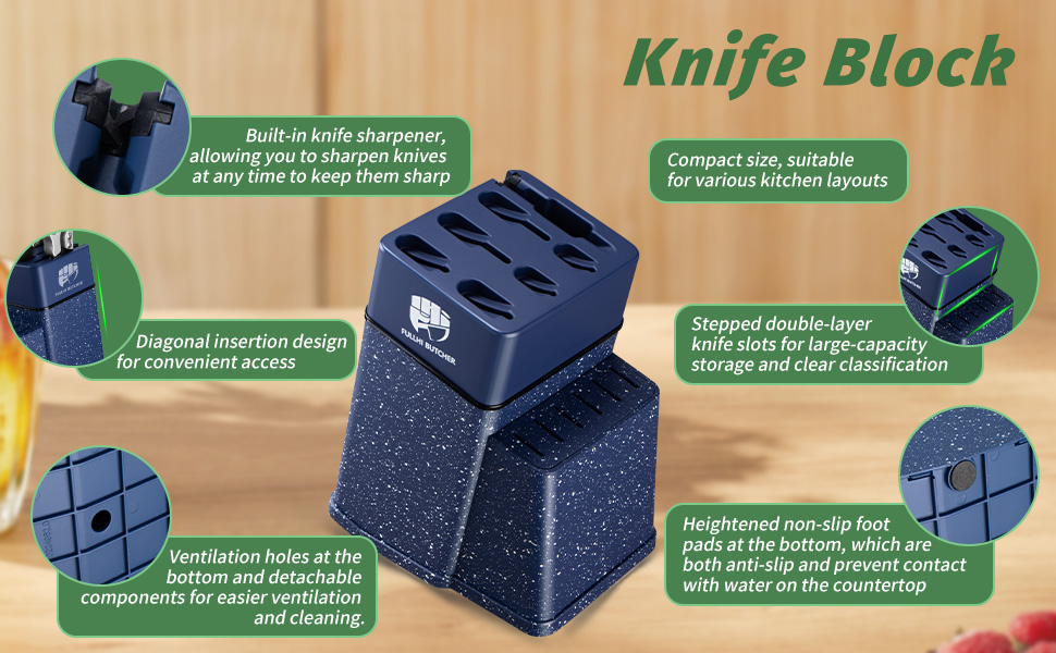 Набір кухонних ножів Fullhi 14 предметів з бруском, набір кухонних ножів, ножі для стейку, кольорова ручка, подарунок для чоловіків та жінок (блакита смола, 14 шт.)