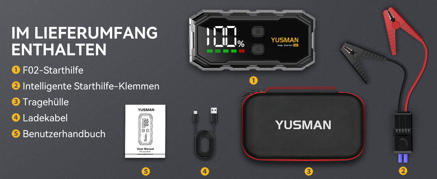 Портативний зарядний пристрій (Powerbank) Starthilfe для автомобілів | 8000A, бустер для акумулятора, LED-ліхтарик, дисплей, кабелі – для SUV, мотоциклів, газонокосарок Black