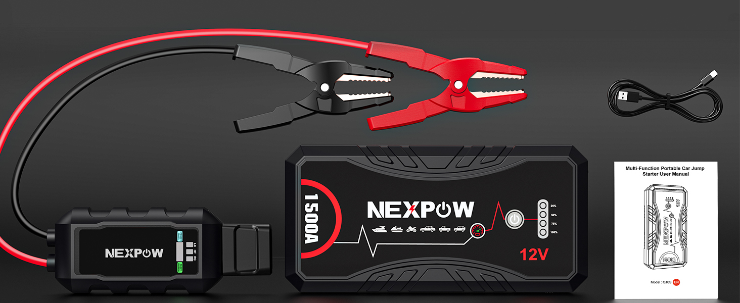 Powerbank Starthilfe NEXPOW 1500A: Зарядний пристрій для автомобіля, стартер, LED ліхтарик, USB, 12V, 1500A