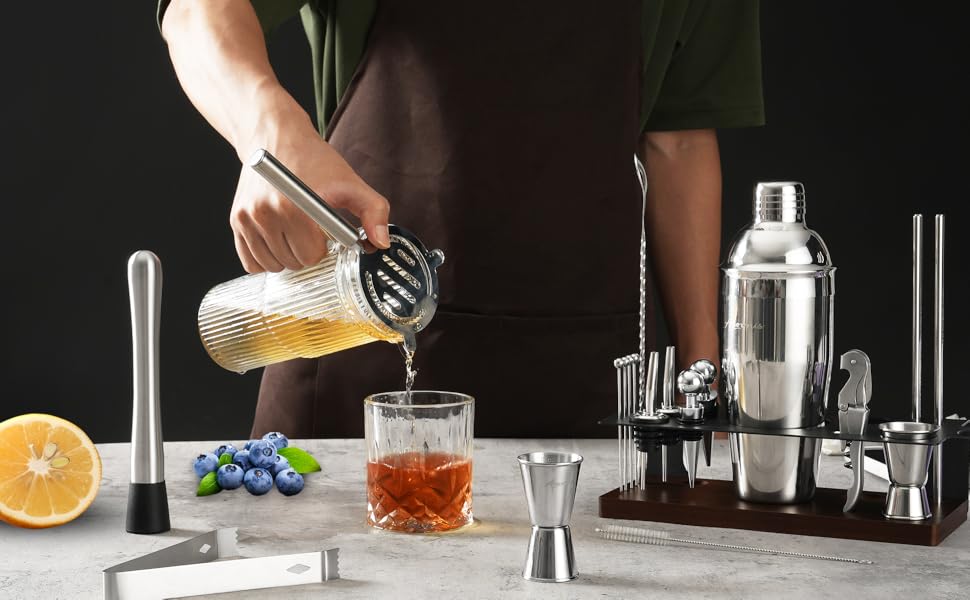 Набір бармена на 23 деталі з підставкою | Комплект шейкерів для коктейлів з інструментами: шейкер Мартіні, сито, ложка, мадлер, для дому, бару, вечірки (шоколадний)