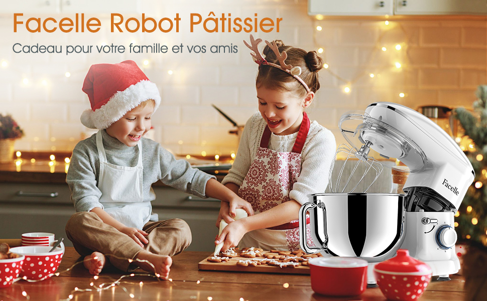 Кухонна машина Facelle 1500W з нержавіючою чашею 6.2 л, 6 швидкостей, міксер для тіста, планетарний міксер