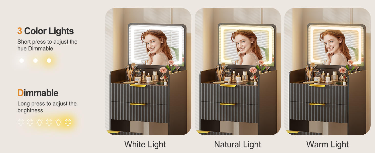 Трюмо Lvifur з LED-дзеркалом та 3 шухлядами, кутовий, для спальні, квартири, гуртожитку, білий (чорний)