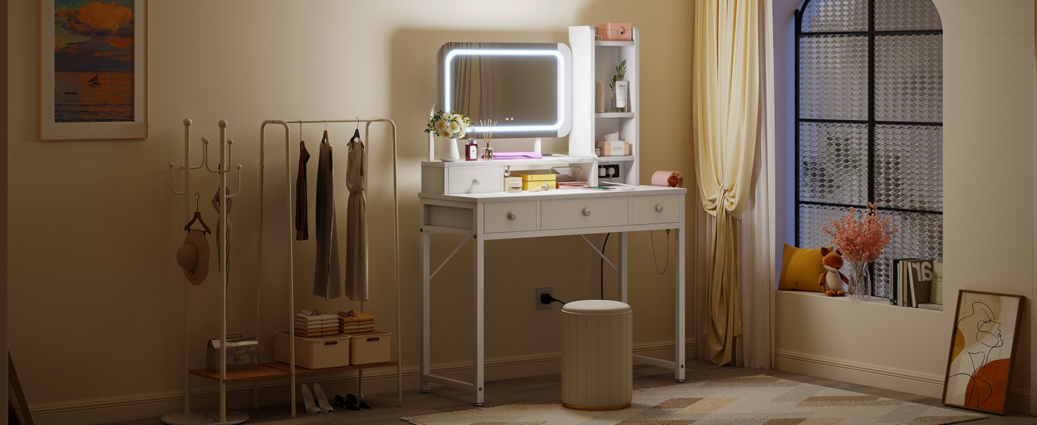 Трюмо ODK з регульованим LED-дзеркалом, туалетний столик з 4 висувними ящиками, USB-порт, білий колір, 100×40×140 см