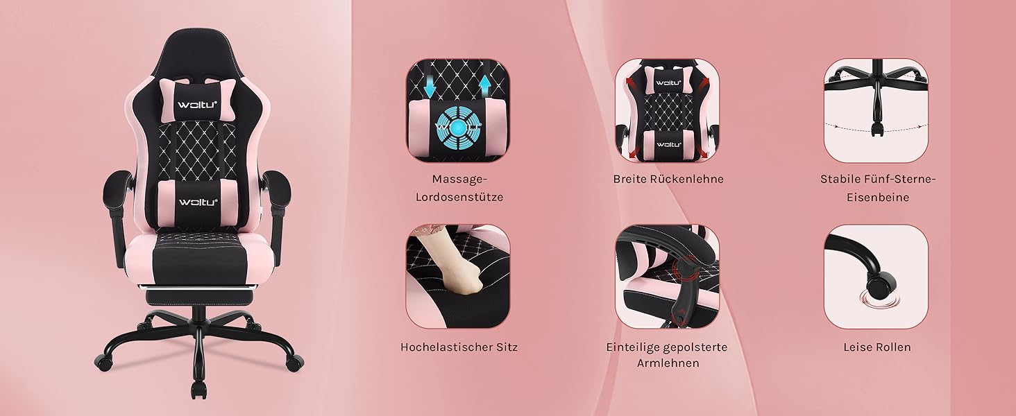 Ігровий крісло WOLTU з масажем, комп'ютерне ергономічне крісло з кишеньковим пружинним сидінням, підтримкою попереку, подушкою для голови, підставкою для ніг, поворотне, 150 кг, рожево-біле (чорно-рожеве, сітчаста тканина)