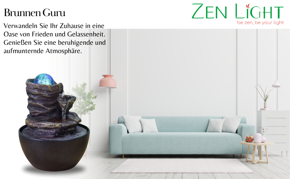 Фонтан для дому Zen'Light Zimmerbrunnen: розслаблення та медитація з LED-підсвіткою. Ідеально для вітальні, спальні, офісу. Компактний фонтан з закритим циклом, висота 18 см (Guru).
