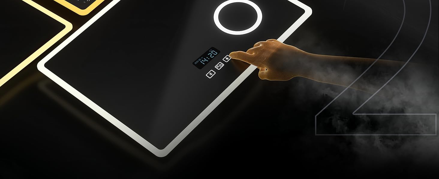 EMKE® LED дзеркало для ванної кімнати 80x60 см з підсвічуванням, регулюванням, антизапарюванням, 3 косметичні дзеркала, годинник, Bluetooth, IP44