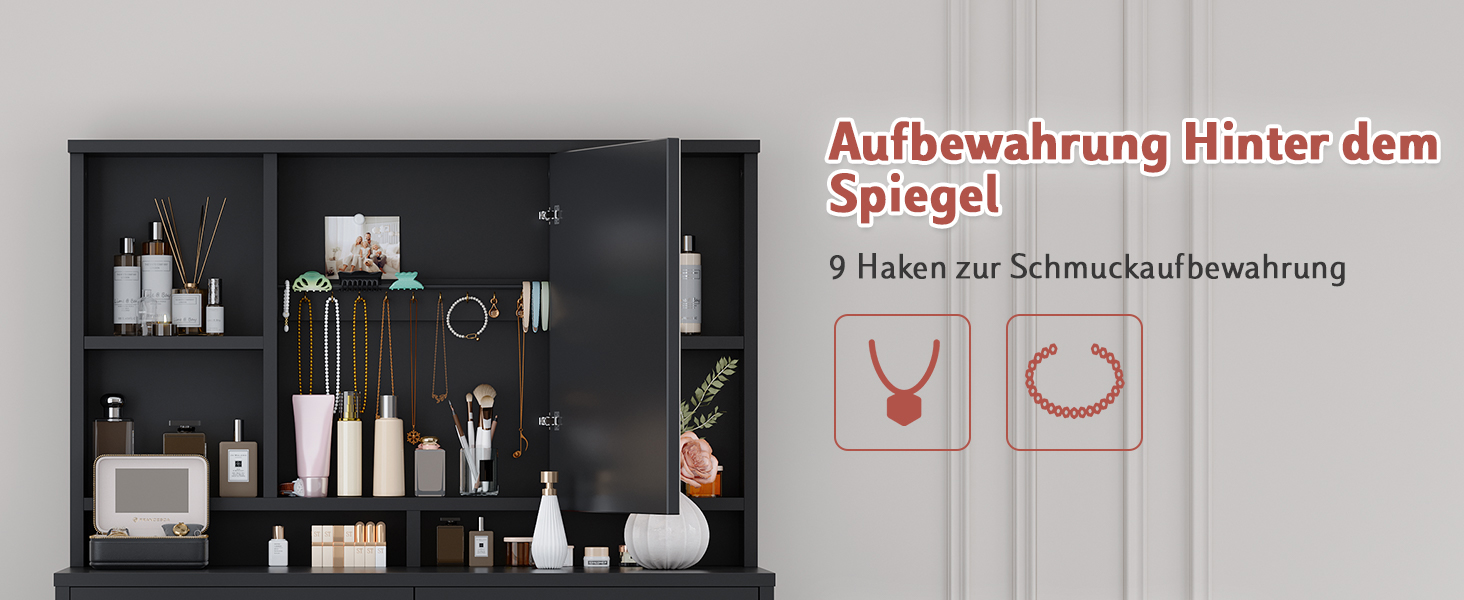 Дзеркальний туалетний столик JUMMICO з LED-підсвічуванням, 2 шухляди, 4 полиці, білий (чорний)