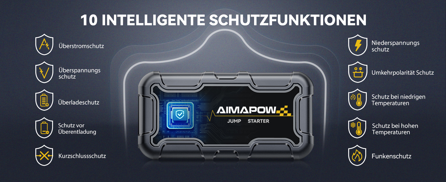 Powerbank з компресором та пусковим пристроєм AIMAPOW для автомобіля: 27000mAh, 160PSI, 6000A, LED-ліхтар, сумісний з бензиновими та дизельними двигунами (до 12.0L)