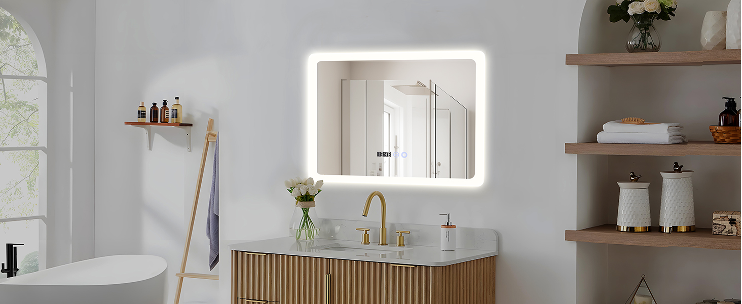 Дзеркало для ванної кімнати YU YUSING з підсвічуванням 80x60 см, LED, 3 кольори світла, регулювання яскравості, антизапар, сенсорне управління, таймер, загартоване скло, IP44 (прозоре)