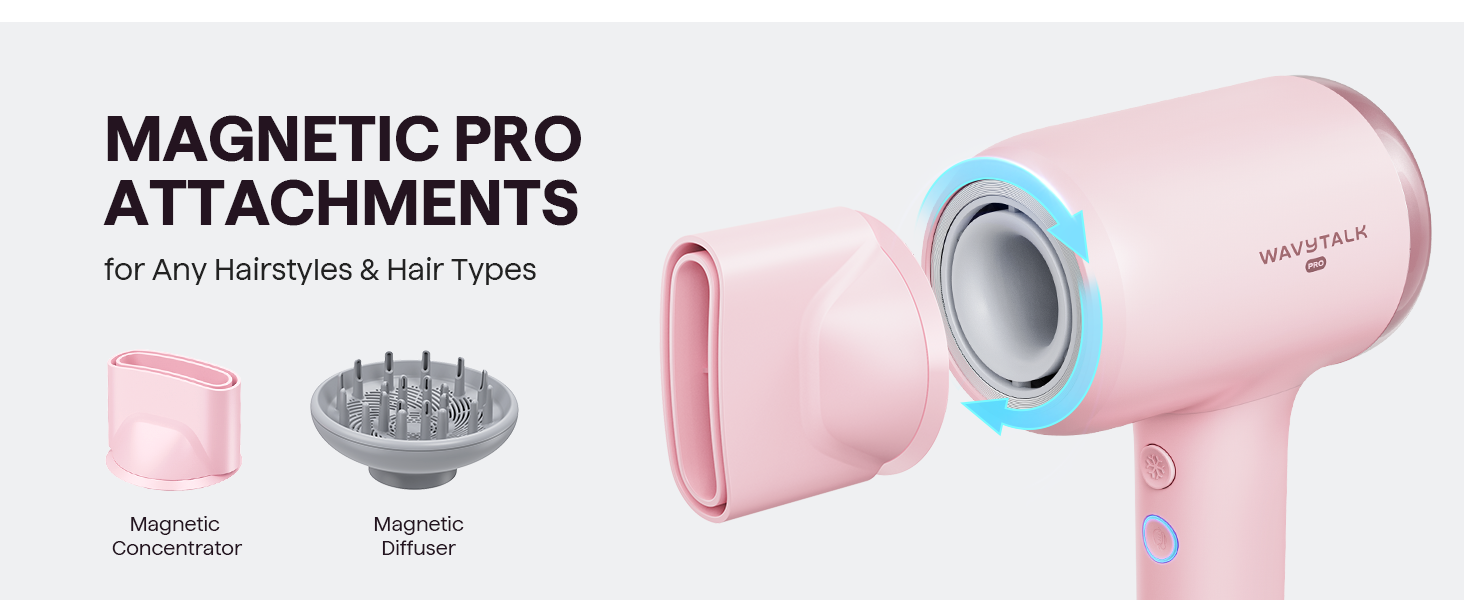 Високошвидкісний фен для волосся Wavytalk TURBLOW PRO з дифузором, 110 000 об/хв, з іонною функцією для зменшення пошкоджень та гладкості, Рожевий