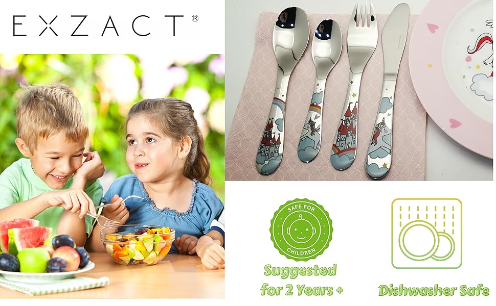 Набір столових приборів Exzact 6 шт. з нержавіючої сталі - дитячий посуд: тарілка, миска, ложка, виделка, ніж, столова ложка. Подарункова коробка (Wf712-4uni)