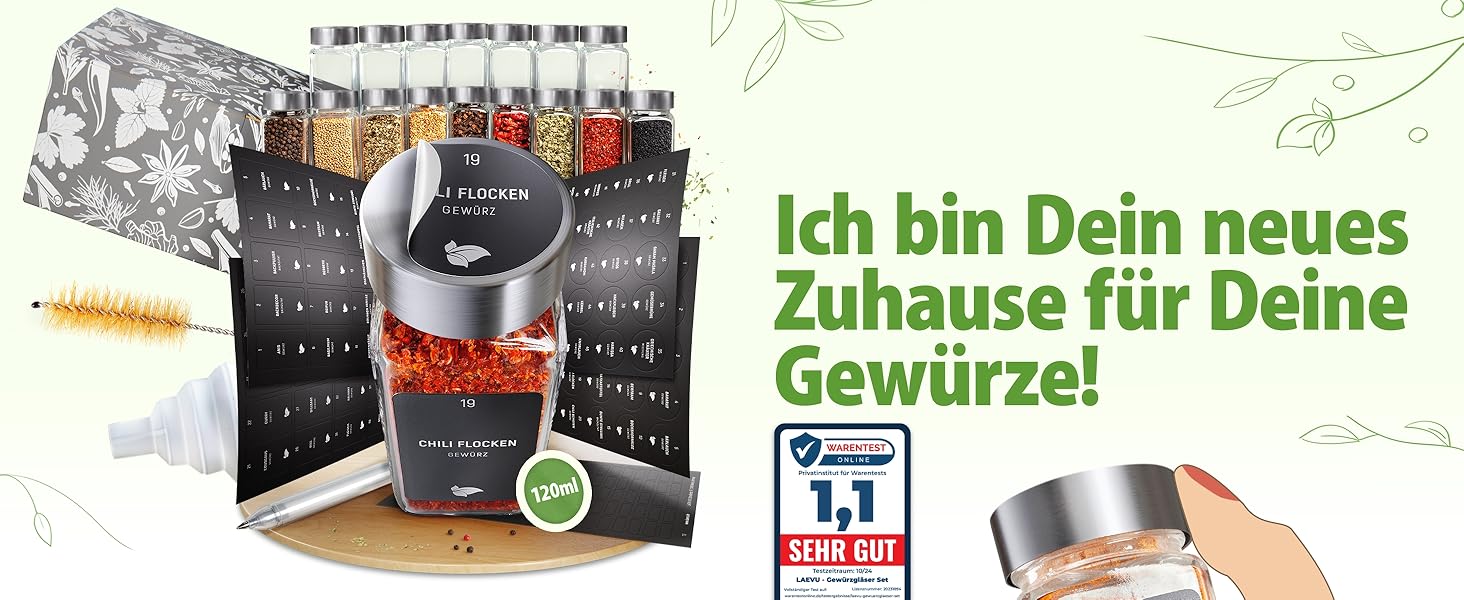Набір скляних баночок для спецій, 24 шт. по 120 мл, нержавіюча сталь, з етикетками та воронками