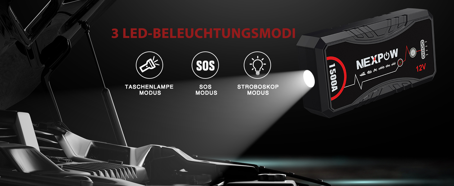 Powerbank Starthilfe NEXPOW 1500A: Зарядний пристрій для автомобіля, стартер, LED ліхтарик, USB, 12V, 1500A