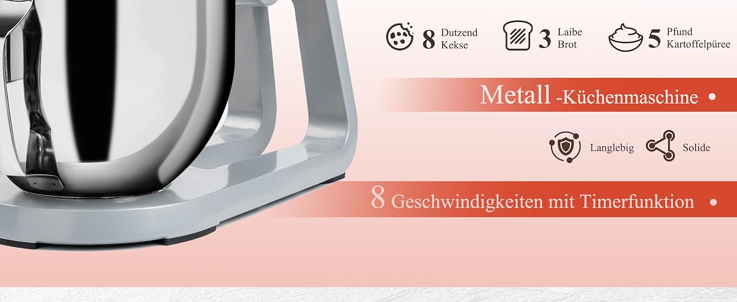 Кухонна машина 5л з місткою чашею з нержавіючої сталі, для тіста, піци, з таймером та 8 рівнями швидкості, з набором насадок (міксер, гак для тіста, вінчик)