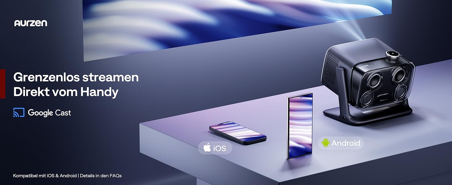 Проектор Aurzen Boom Mini 4-в-1 з Google TV, 4K, 20W Dolby Audio, Wi-Fi, Bluetooth, для дому та на вулицю, автоматичне фокусування, корекція трапецеїдальних спотворень, 500 ANSI люмен (Чорний)