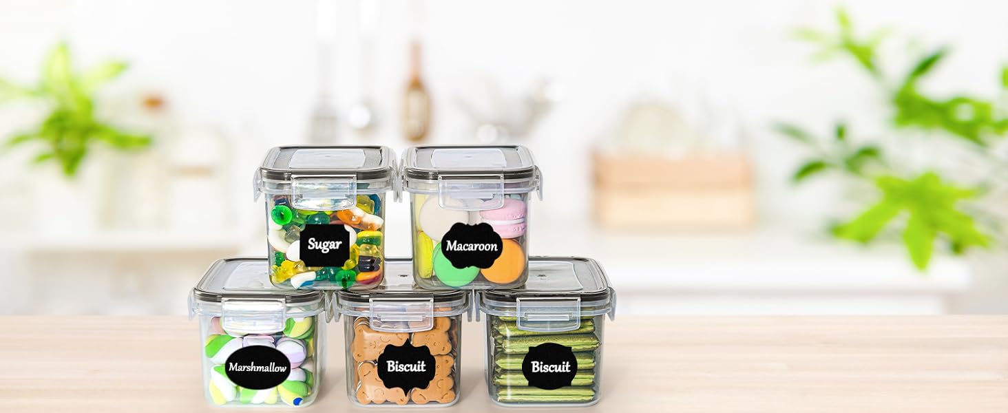 Набір контейнерів для зберігання GoMaihe (24 шт) з герметичними кришками: контейнери для продуктів з етикетками та маркером | Коробки для зберігання на кухню для мюслі, борошна, кукурудзяних пластівців та цукру | Без BPA | Можна мити в посудомийній машині, чорний - 24 шт.