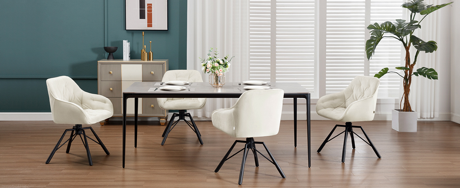 Крісла для їдальні WOLTU EZS60dgr-4 (8 шт.) з м'яким сидінням та підлокітниками, обертаються на 360°, з металевими ніжками, оксамитовий покрив (кремовий)