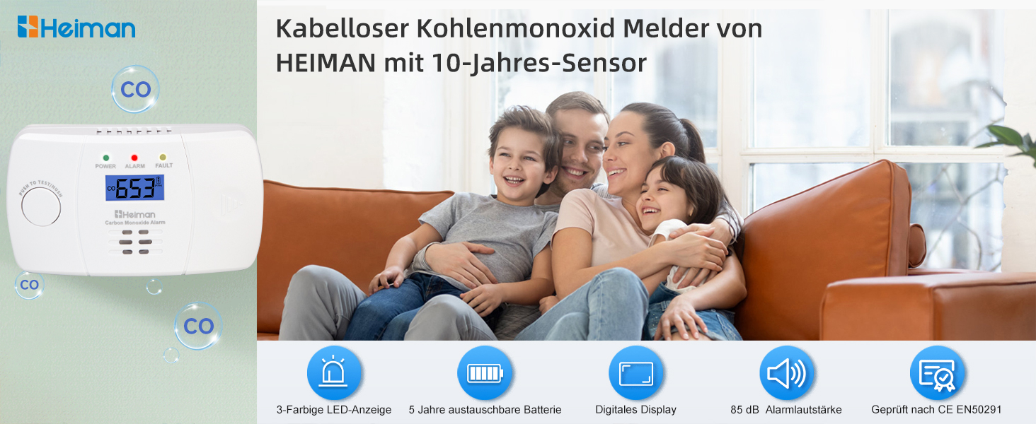 Датчик CO Heimann 722ESY з Wi-Fi, 10 років служби, сумісний з Tuya/SmartLife, EN50291