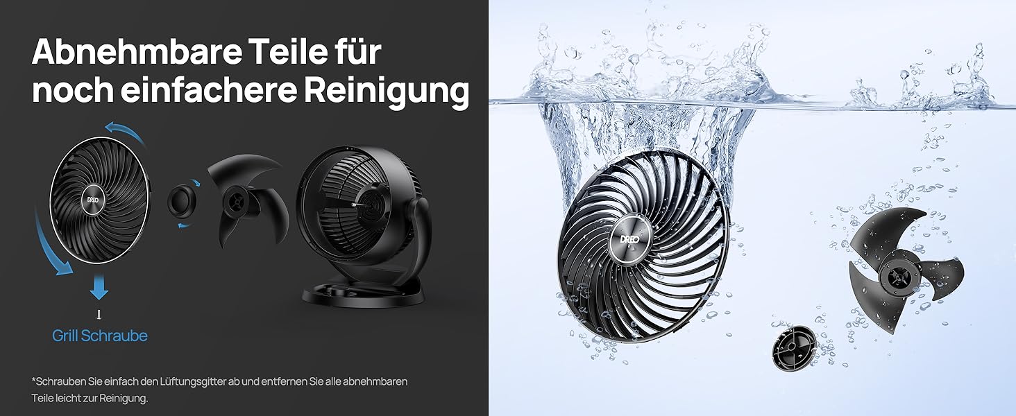 Дрео - тихий настільний вентилятор 30 см, 3 швидкості, 21 м³/хв, кут нахилу 120°, чорний