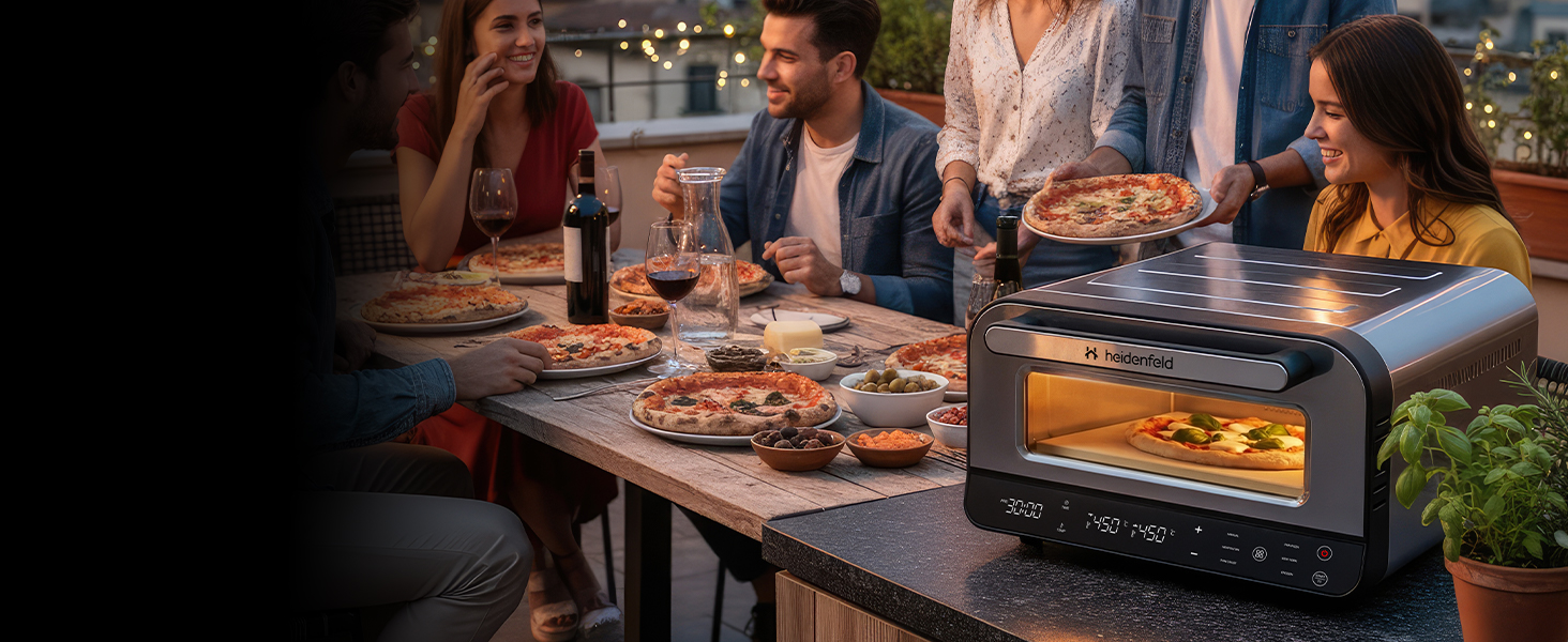 Електрична піч для піци Heidenfeld Pizzaboss, 1850 Вт, до 450°C, повний набір, сріблясто-чорний
