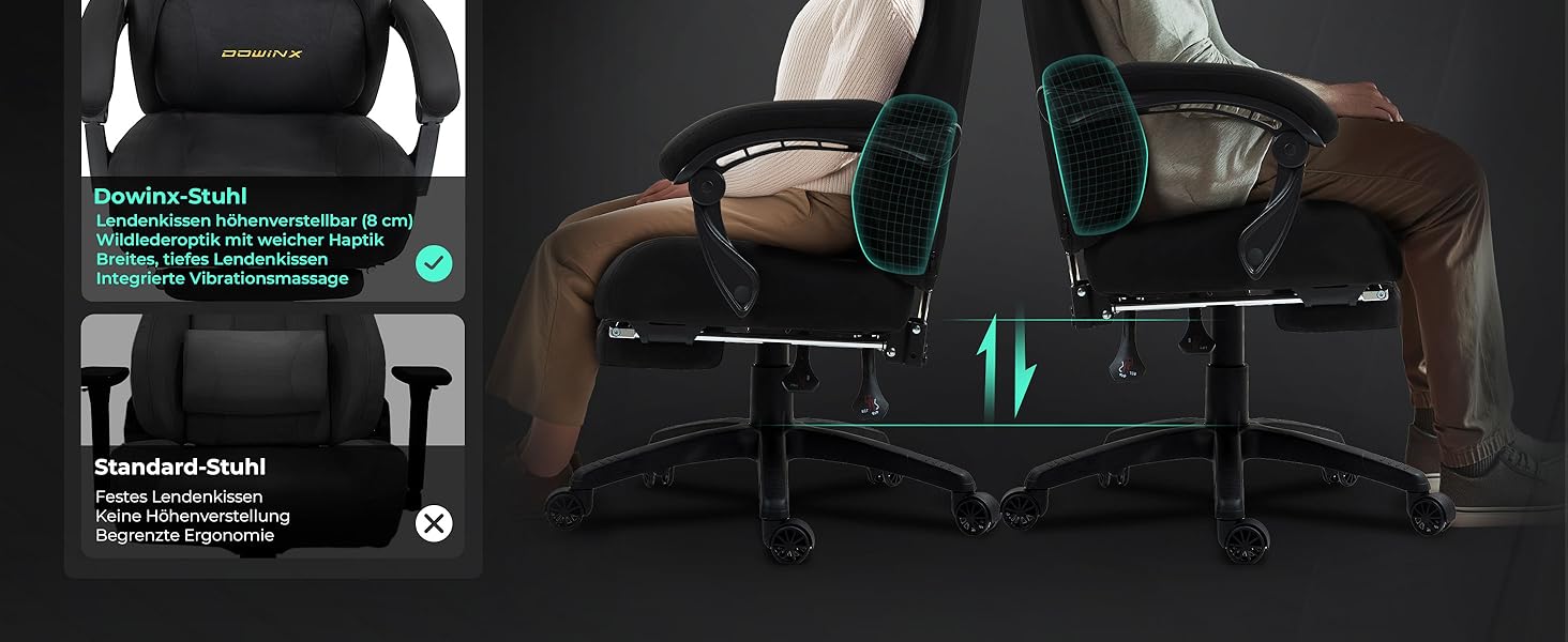 Ігровий крісло Dowinx з масажною поперековою подушкою, регульованою підголівником, потовщеним сидінням, висувною підніжкою, регульованими підлокітниками, мікрофібровим велюром, нахилом 160°, чорне