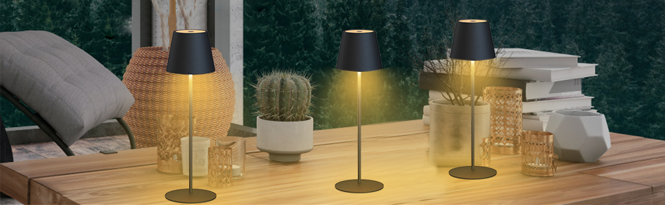 Бездротова настільна лампа MALUX з торканням, регульоване тепле біле світло 2700K-4000K, металева, LED, акумуляторна, водонепроникна IP54, для саду, їдальні, спальні, робочого кабінету, балкону, готелю (темно-сірий) (тепле чорне*2)