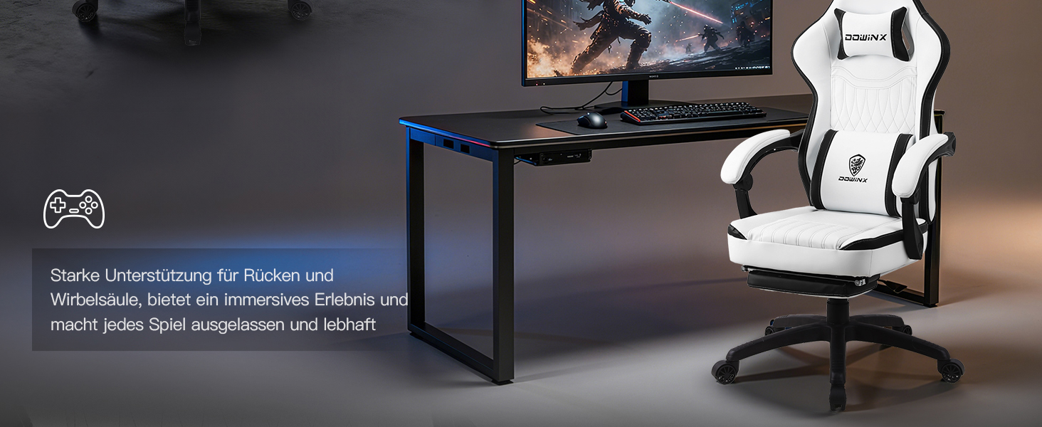 Ігровий крісло Dowinx з дихаючого PU-шкіри, з підніжкою, масажем, підтримкою попереку, велике та високе, ергономічне, з кишеньковим пружинним подушками, для дорослих та підлітків (Чорний та Золотий)