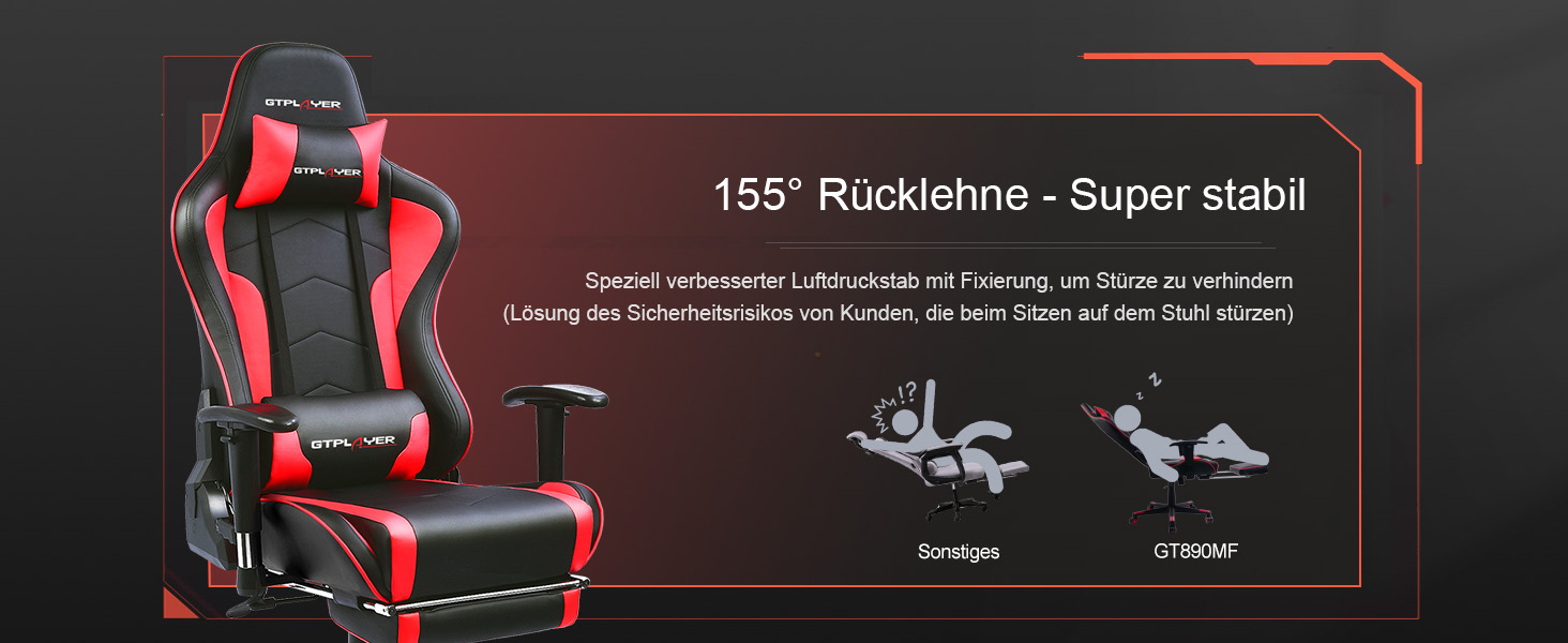 Ігрове крісло GTPLAYER з підставкою для ніг, Bluetooth, Ергономічне, 150 кг, Червоне