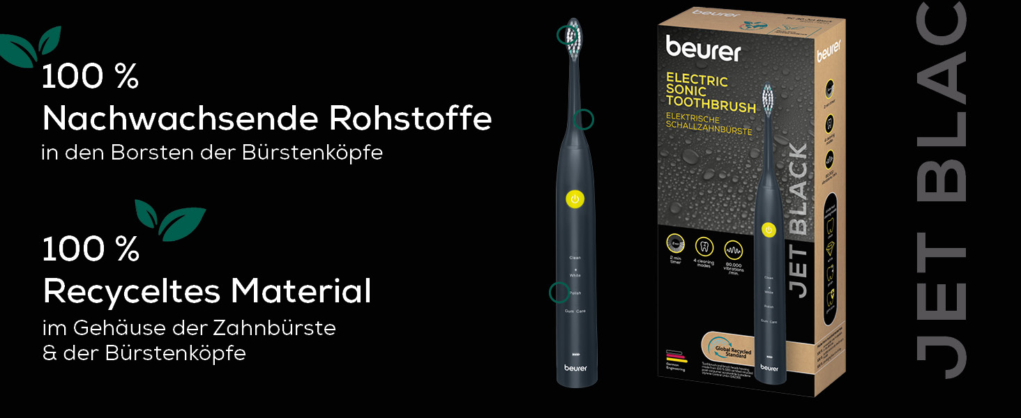 Beurer SC 30 Електрична зубна щітка Jet Black з 4 режимами чищення, 80 000 коливань, таймером та LED-дисплеєм + 2 насадки, корпус з переробленого пластику