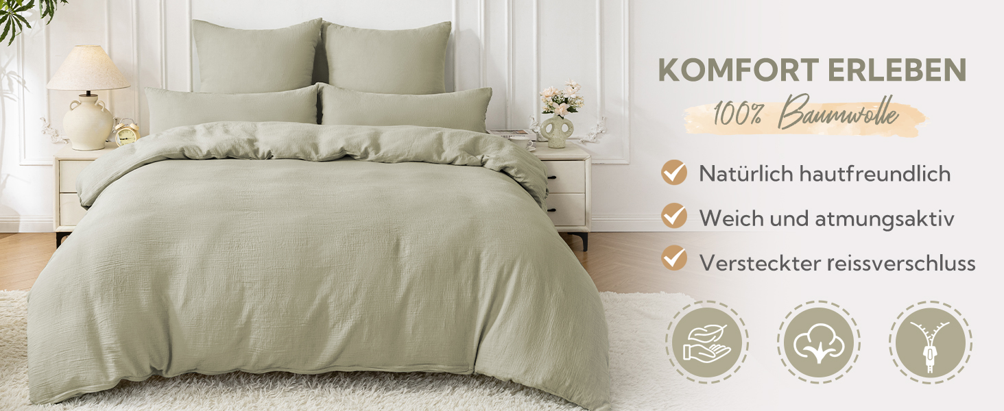 Набір постільної білизни SOULFUL з мусліну 200x200, бавовна, 2 шт. (простирадло 135x200 см, 2 наволочки 80x80 см), з блискавкою, ÖKO-TEX, Небесно-зелений