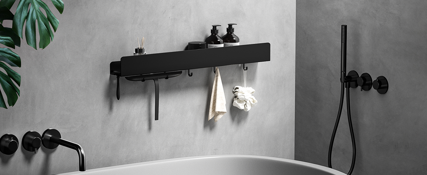 Поличка для душу Rekita без свердління, органайзер для ванної кімнати 40/60 см, нержавіюча сталь, 4 знімні гачки, тримач для шампуню, навісна поличка, полиця для ванної (Чорний)
