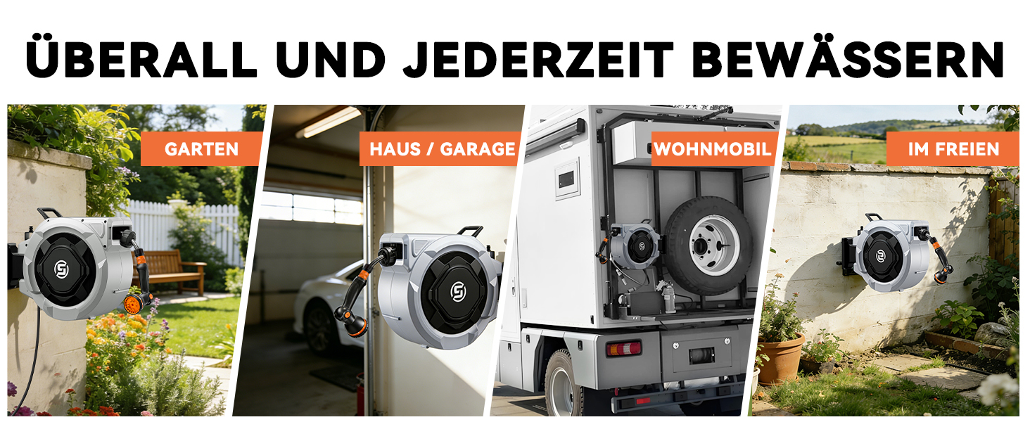 Шланговий барабан SUNPOW настінний 30м, 16 мм - автоматичний згортач з фіксацією, поворотна стіна, 10 функцій для саду, тераси та двору