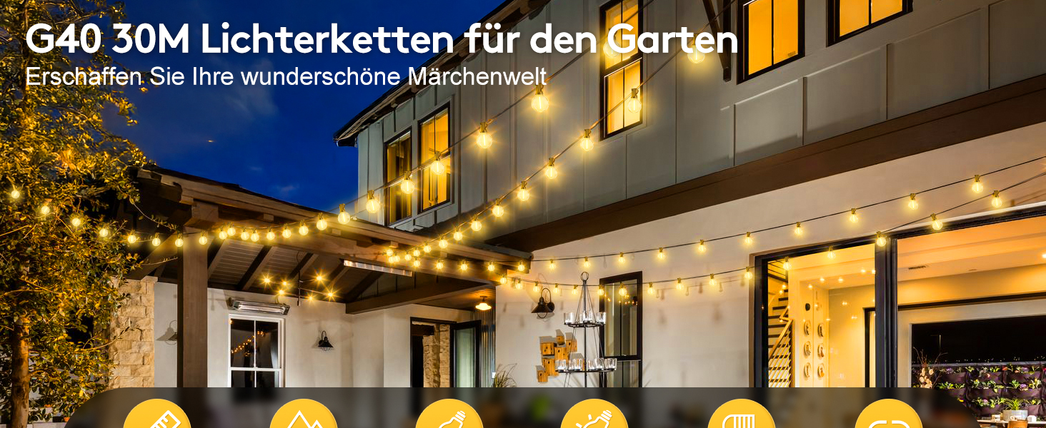 Світлодіодна гірлянда для вулиці 30 метрів - 100ft, IP44, для саду, павільйону, балкону, тераси, вечірки. Гірлянда з лампочками G40, вологостійка