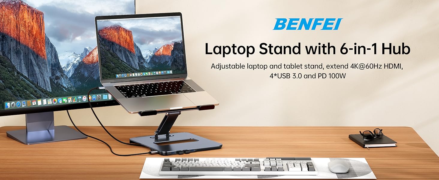 Підставка для ноутбука BENFEI з алюмінію та USB-C док-станцією 6в1, HDMI 4K@60Hz, 4*USB3.0, 100W PD, сумісна з MacBook Pro/Air, iPad Pro, XPS, Thinkpad