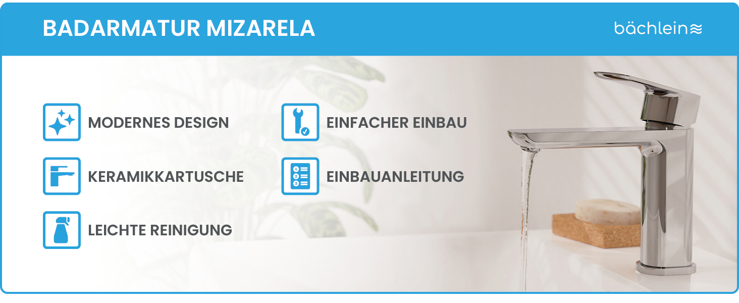 Змішувач для ванної кімнати Bächlein Mizarela, хром, з керамічним картриджем, плоский вилив, комплект для монтажу