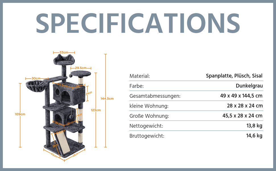Котяче дерево Yaheetech 145 см Дерево для лазіння з 2 котячими печерами 3 оглядові майданчики Кігтеточка для котів Play Меблі для кішок Сизаль, темно-сірий