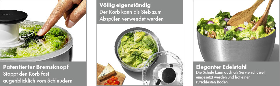 Салатниця-швидкообертач OXO SteeL з нержавіючої сталі з кришкою – для миття та сушіння салату. Нержавіюча сталь, велика