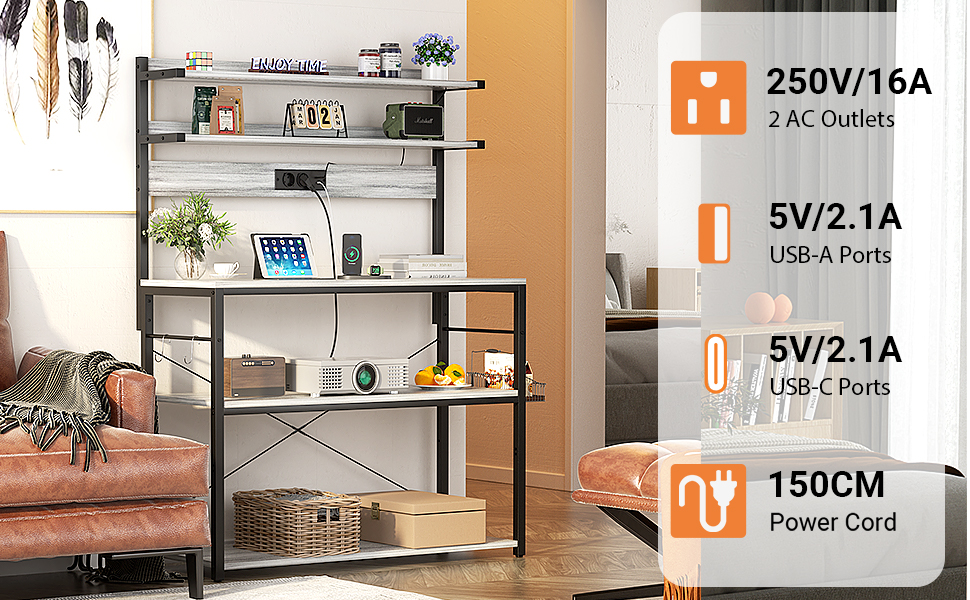 Кухонна полиця-стійка з розеткою, підставка для мікрохвильовки, 5-рівнева кавова станція з LED-підсвіткою, полиця для спецій, каструль та сковороди (80см, Білий дуб)