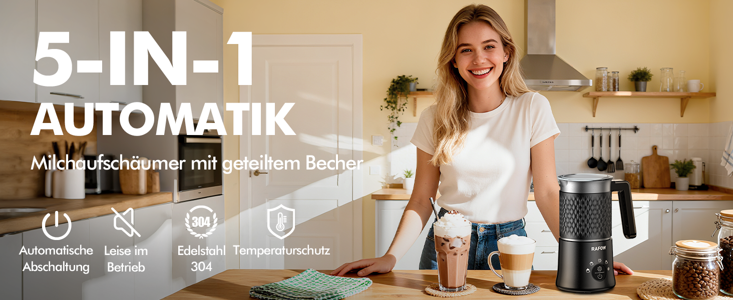 Електричний спінювач молока 5-в-1: автоматичний спінювач молока 350 мл, миється в посудомийній машині, для гарячого та холодного молока, капучино, лате, гарячого шоколаду