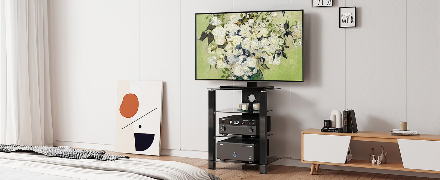 Стельова полиця FITUEYES для телевізора та аудіоапаратури з регульованою висотою, скло та алюміній