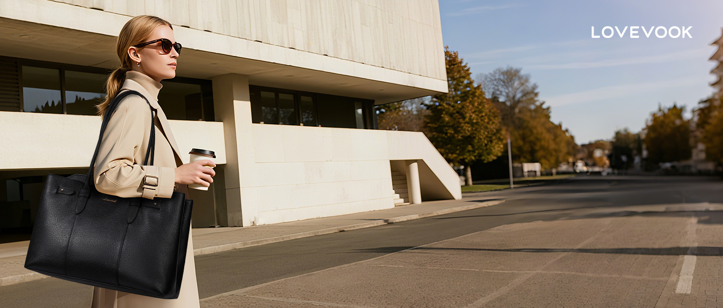 LOVEVOOK Сумка для ноутбука 15.6 дюймів, жіноча, велика, торбинка-шопер, шкіряна, водонепроникна, для роботи, навчання, офісу, універсальна, коричнева